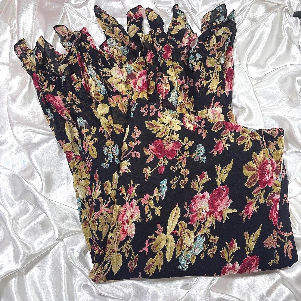 Vintage Paradise NY Maxi Skirt Black Excellent Floral Sequin Handkerchief Hem S